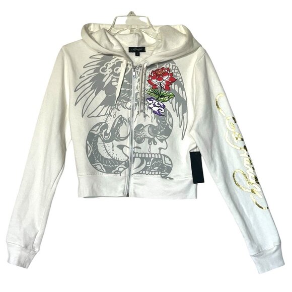 Ed Hardy White Tiger Rose 100%Cotton Drawstring Zip Crop Hoodie Jacket Sz L - Picture 2 of 11